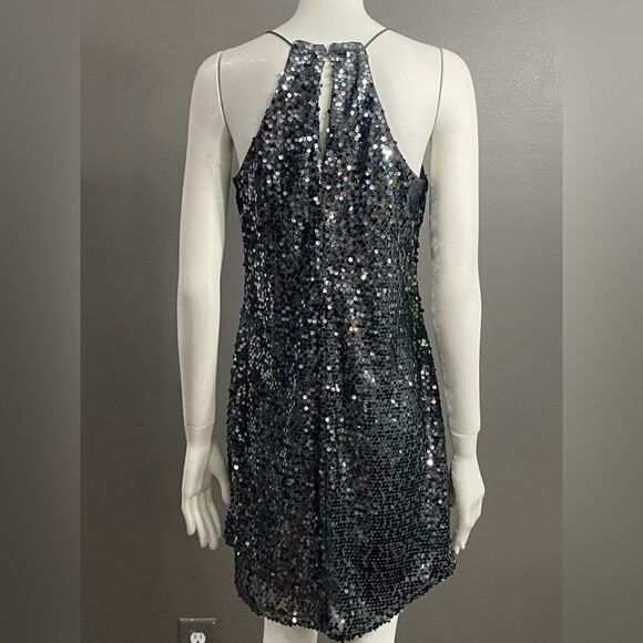 Express Silver Sequin Spaghetti Strap Razor Back Flowy dress. Size S/P - Picture 5 of 9